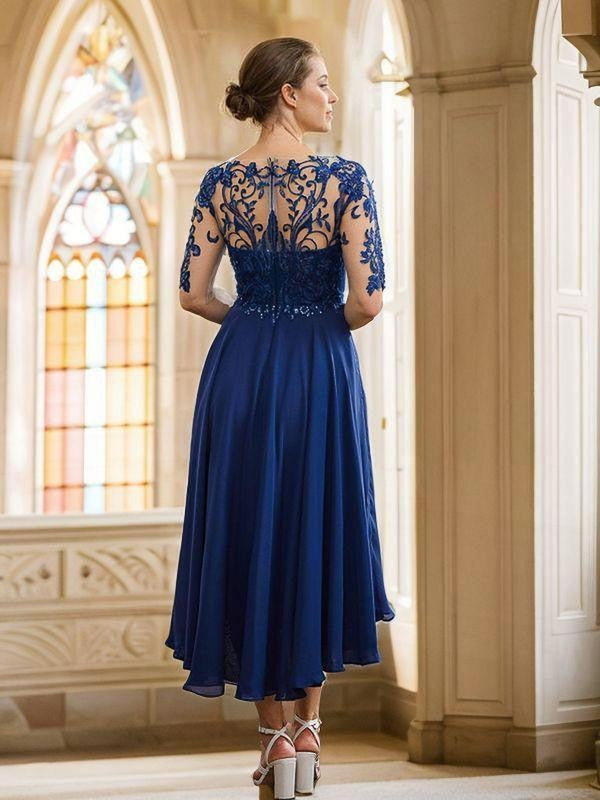 A-Line/Princess Chiffon Applique Bateau 1/2 Sleeves Tea-Length Mother of the Bride Dresses