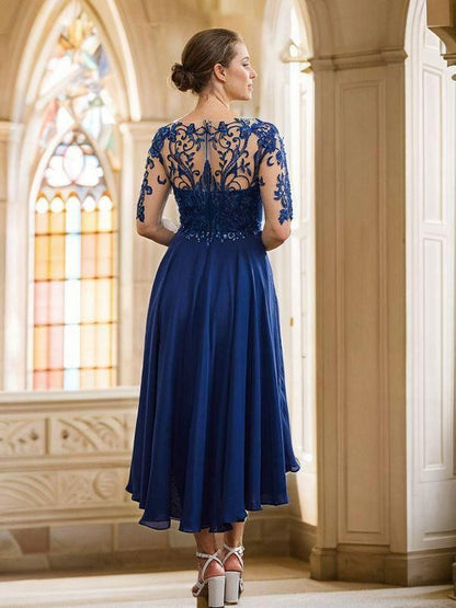 A-Line/Princess Chiffon Applique Bateau 1/2 Sleeves Tea-Length Mother of the Bride Dresses