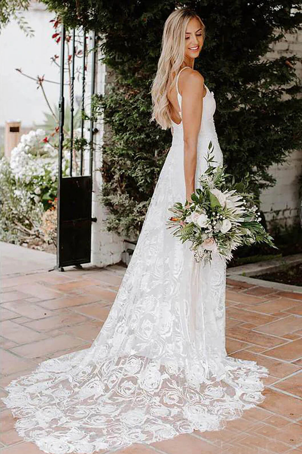 White Lace Mermaid Wedding Dress With Sweep Train