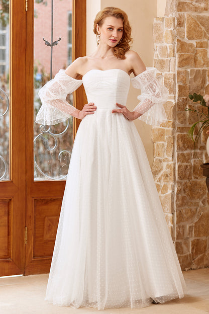 White Tulle Off Shoulder Wedding Dress