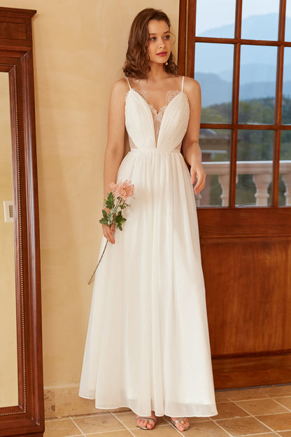 White Spaghetti Straps Simple Wedding Dress