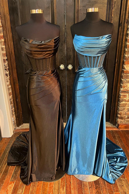 Blue Strapless Mermaid Boned Satin Long Prom Dress with Slit