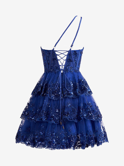 A Line One Shoulder Navy Tiered Lace Short Homecoming Dress