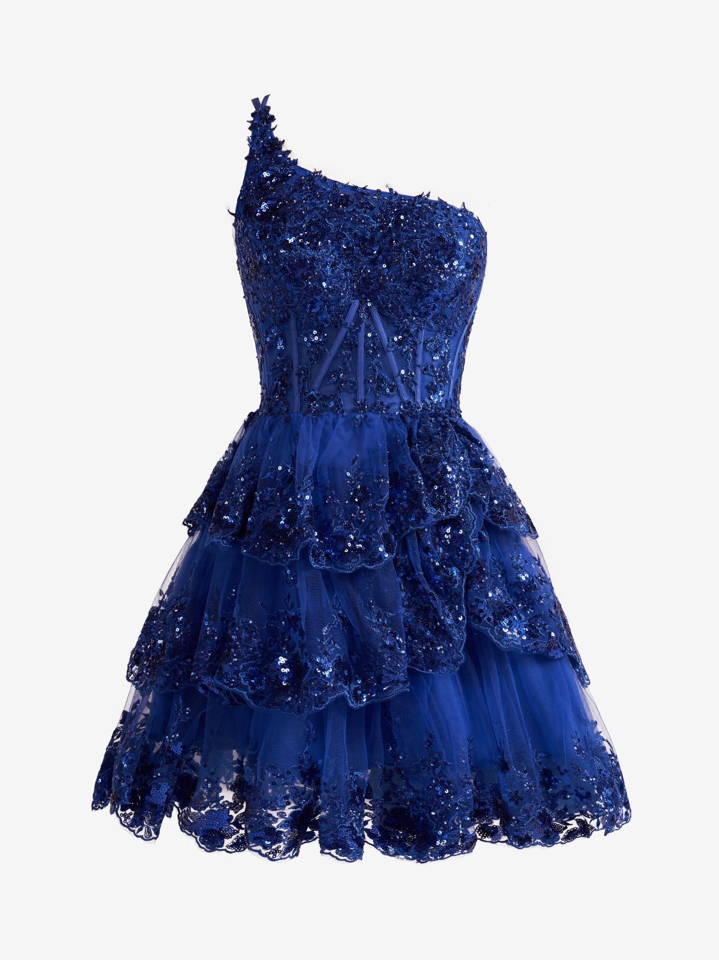 A Line One Shoulder Navy Tiered Lace Short Homecoming Dress