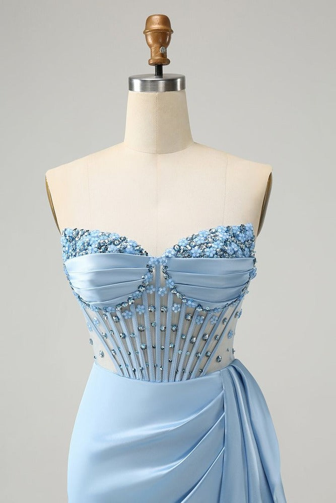 Sparkly Blue Bodycon Corset Homecoming Dress with Beading Sweetheart Cocktail