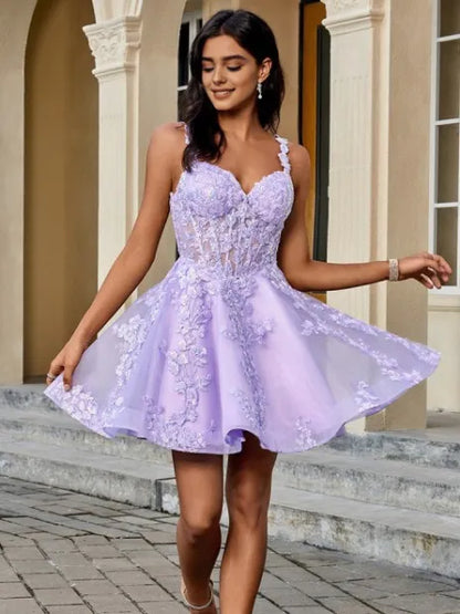 A-line V-neck Appliques Lace Short/Mini Tulle Corset Dress