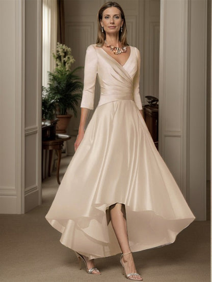 A-line V-neck 3/4 Sleeves Pleated Tea-Length Satin Mother of the Bride Dress