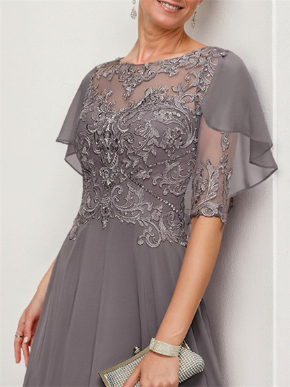 A-line Bateau 1/2 Sleeves Ruffles Asymmetrical Chiffon Mother of the Bride Dress