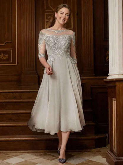 A-Line/Princess Scoop Tea-Length Chiffon Mother of the Bride Dresses With Lace