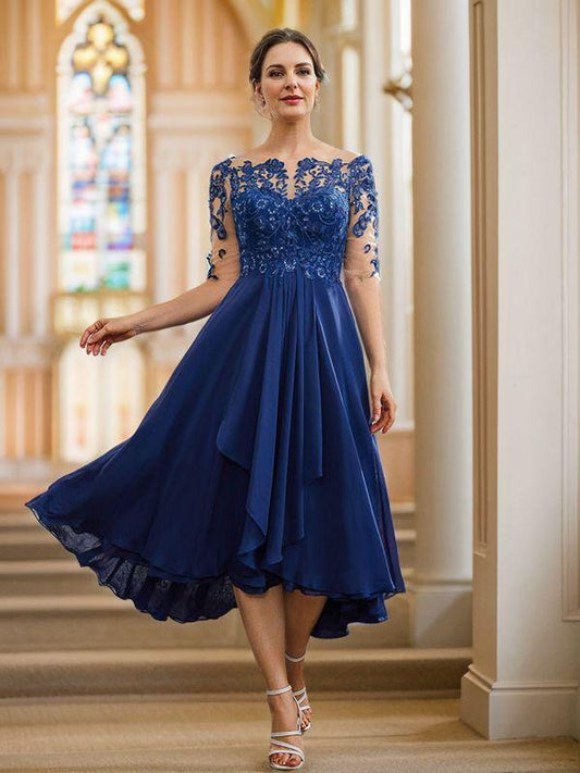 A-Line/Princess Chiffon Applique Bateau 1/2 Sleeves Tea-Length Mother of the Bride Dresses