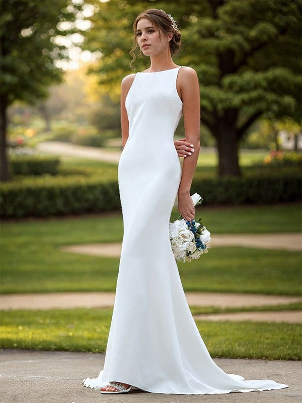 Sheath Stretch Crepe Scoop Sleeveless Sweep Train Wedding Dress