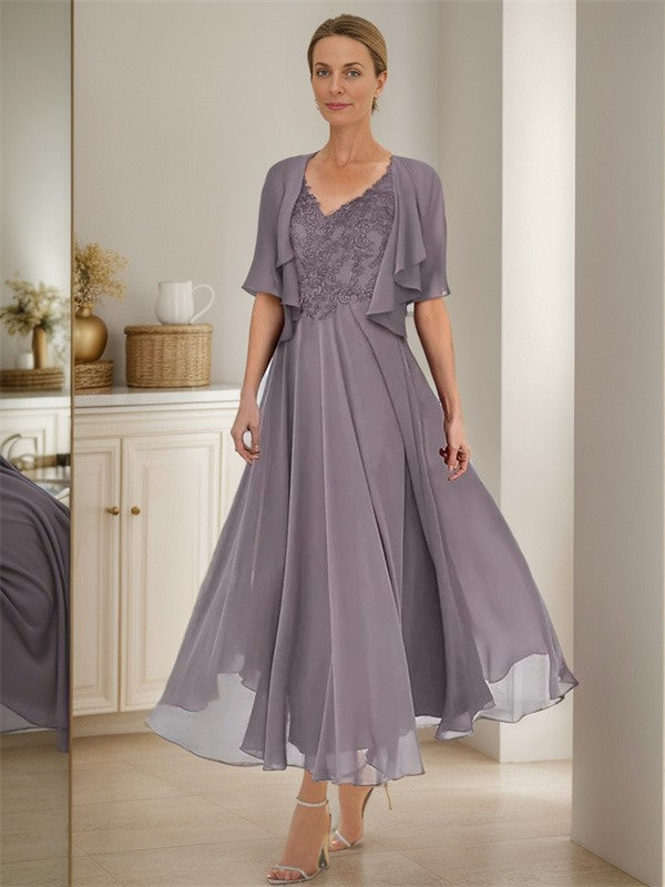 A-line V-neck Short Sleeves Ruffles Ankle-Length Chiffon Mother of the Bride Dress