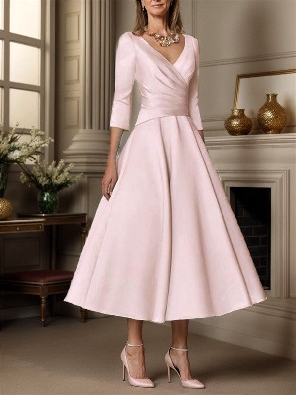 A-line V-neck 3/4 Sleeves Pleated Tea-Length Satin Mother of the Bride Dress