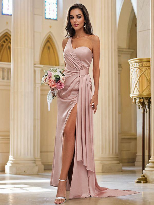 Sheath/Column Charmeuse Ruched One-Shoulder Sleeveless Floor-Length Bridesmaid Dresses