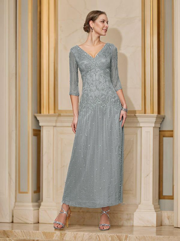 Sheath/Column V-neck Ankle-Length 30D Chiffon Mother of the Bride Dresses With Beading