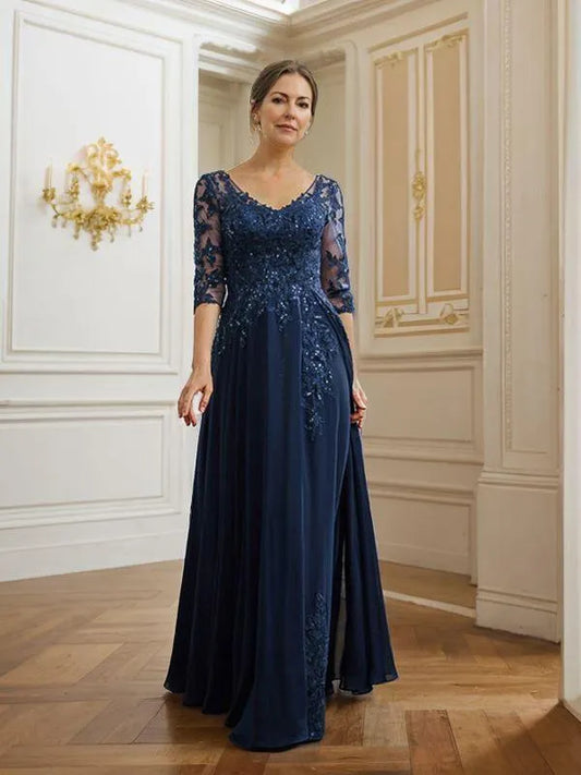 A-Line/Princess Chiffon Applique V-neck 3/4 Sleeves Floor-Length Mother of the Bride Dresses