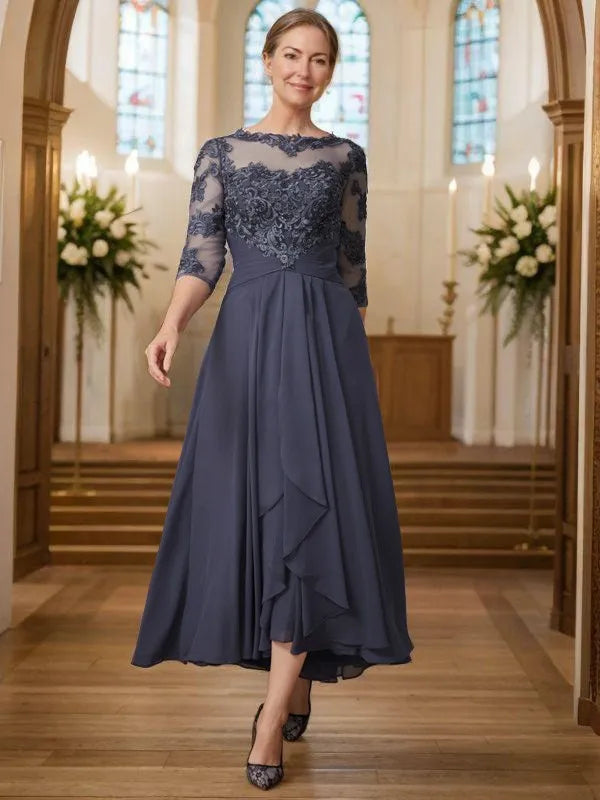 A-Line/Princess Scoop Asymmetrical Chiffon Mother of the Bride Dresses With Applique