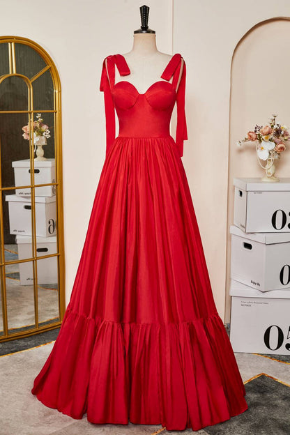 Red Bow Tie Straps A-line Satin Long Prom Dress