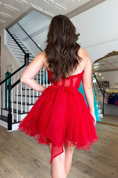 Red A-line Sweetheart Ruffles Short Tulle Homecoming Dress