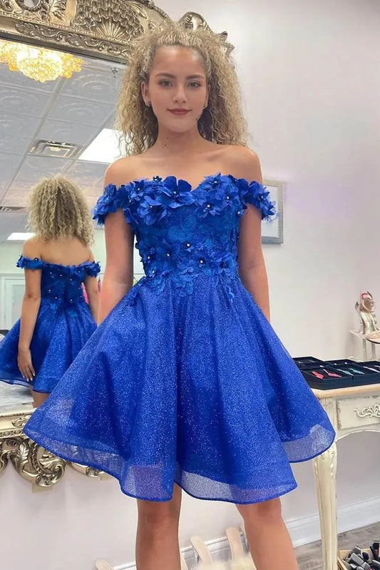 Sparkly Royal Blue A-Line Off the Shoulder Beaded Flowers Homecoming Dress